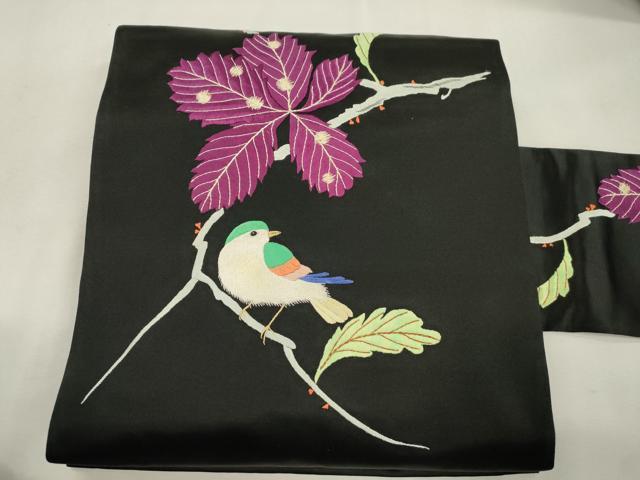 平和屋着物●アンティーク 大正ロマン 九寸名古屋帯 総手刺繍 休み鳥 黒地 正絹 逸品 CABJ2229dy
