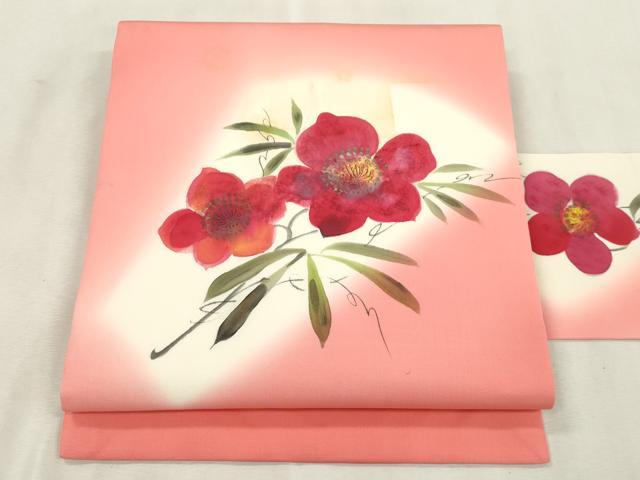平和屋着物●塩瀬 九寸名古屋帯 作家物 手描き 草花文 正絹 逸品 CABJ2235dy