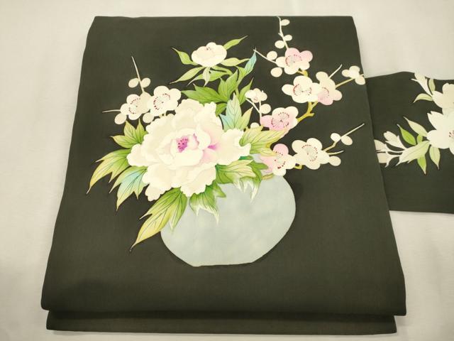平和屋着物●塩瀬 九寸名古屋帯 手描き 陶器花文 黒地 正絹 逸品 CABJ2238dy