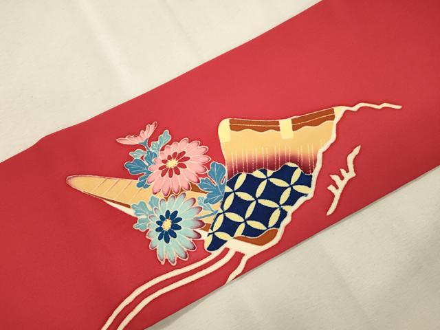 平和屋着物●塩瀬 九寸名古屋帯 友禅 舟 草花文 正絹 逸品 CABJ2240dy