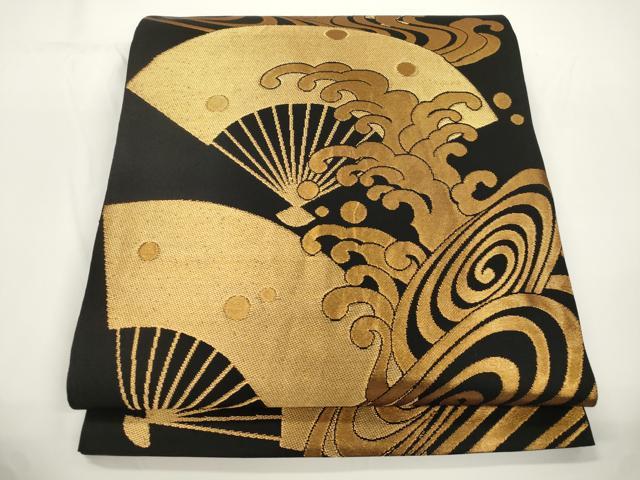 平和屋着物●織物一筋名門 織悦 全通柄 本袋帯 扇面立波文 黒地 金糸 正絹 逸品 CABJ2293dy