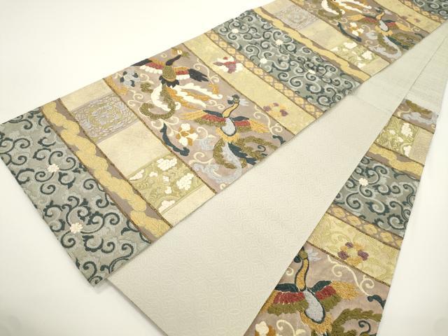 平和屋着物●六通柄袋帯 モール 刺繍 横段花鳥文 金糸 正絹 逸品 CABJ2298dy