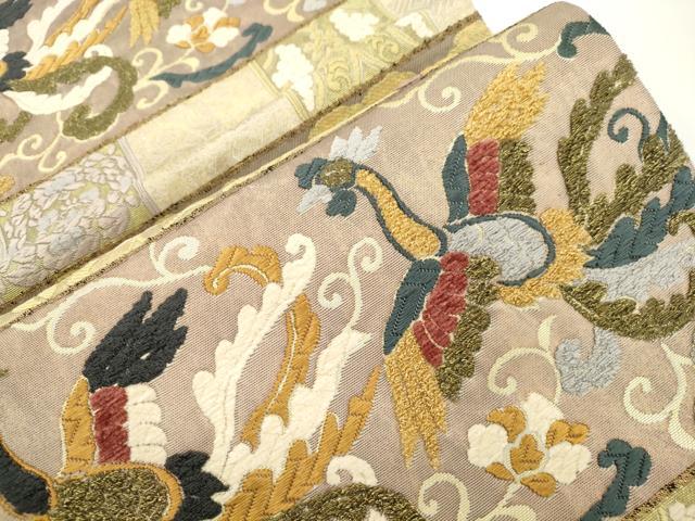 平和屋着物●六通柄袋帯 モール 刺繍 横段花鳥文 金糸 正絹 逸品 CABJ2298dy