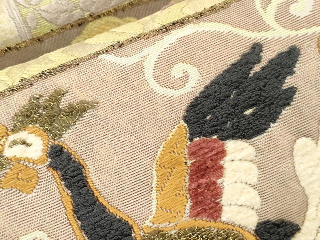平和屋着物●六通柄袋帯 モール 刺繍 横段花鳥文 金糸 正絹 逸品 CABJ2298dy