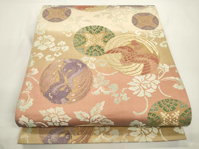 平和屋着物●六通柄袋帯 唐織 草木染 鳳凰丸紋散し 正絹 逸品 CABJ2299dy