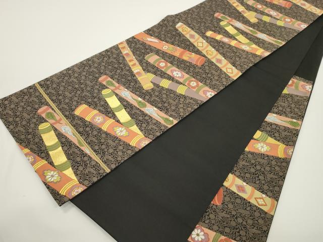 平和屋着物●六通柄袋帯 唐織 横笛 黒地 金糸 正絹 逸品 CABJ2303dy