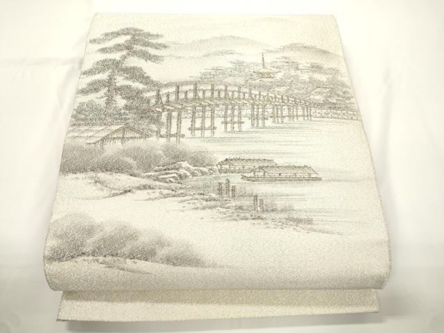 平和屋着物●綴れ 太鼓柄袋帯 作家物 手描き 京都嵐山渡月橋 銀糸 正絹 逸品 CABJ2316dy