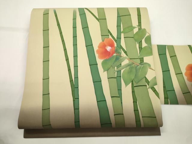 平和屋着物●塩瀬 九寸名古屋帯 笹竹 椿 金銀彩 正絹 逸品 CABJ2335dy