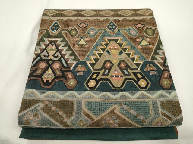 平和屋着物●中国三大刺繍 スワトウ刺繍 相良刺繍 総刺繍 太鼓柄袋帯 紬地 幾何学文 正絹 逸品 CABJ2351dy
