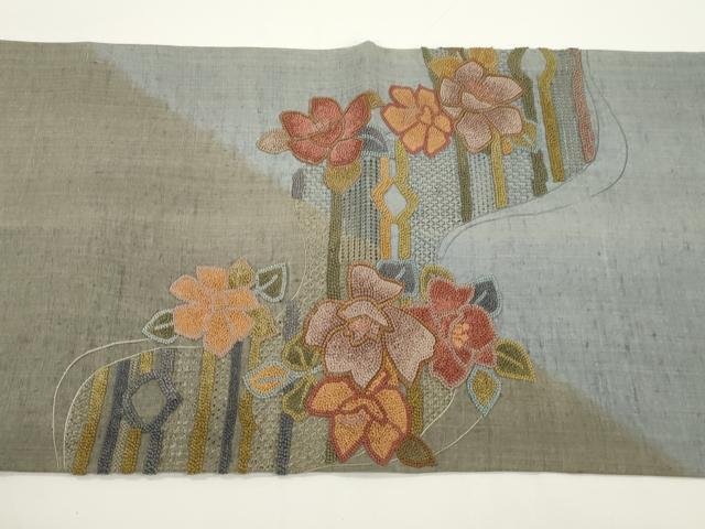 平和屋着物●中国三大刺繍 スワトウ刺繍 相良刺繍 総刺繍 太鼓柄袋帯 紬地 草花文 正絹 逸品 CABJ2356dy