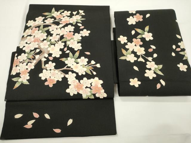 平和屋着物●つけ帯 枝桜文 黒地 鬼しぼ縮緬 正絹 逸品 CABJ2363dy