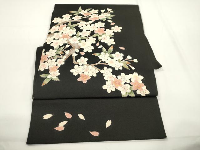 平和屋着物●つけ帯 枝桜文 黒地 鬼しぼ縮緬 正絹 逸品 CABJ2363dy