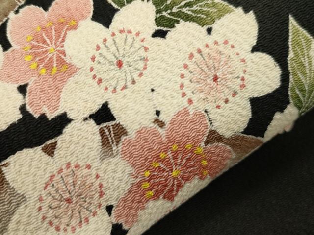 平和屋着物●つけ帯 枝桜文 黒地 鬼しぼ縮緬 正絹 逸品 CABJ2363dy