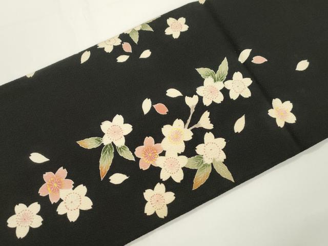 平和屋着物●つけ帯 枝桜文 黒地 鬼しぼ縮緬 正絹 逸品 CABJ2363dy