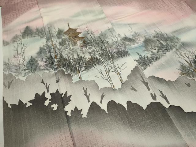 平和屋着物●訪問着 紬地 手描き 風景文 暈し染め 金彩 正絹 逸品 CABJ2425ze