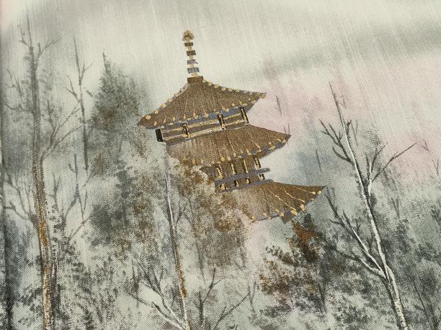 平和屋着物●訪問着 紬地 手描き 風景文 暈し染め 金彩 正絹 逸品 CABJ2425ze