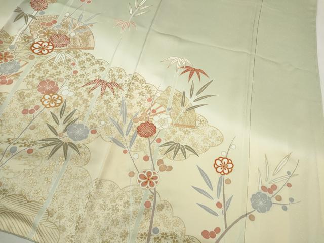 平和屋着物●訪問着 駒刺繍 松竹梅扇面花文 暈し染め 金彩 正絹 逸品 未使用 CABJ2468ze