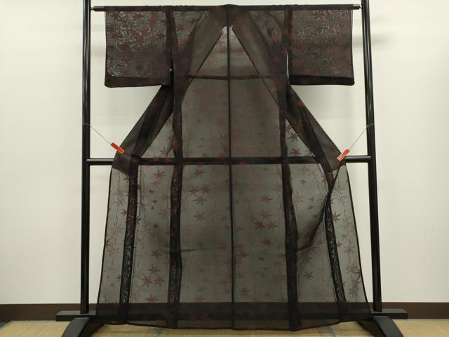 平和屋着物*夏物 小紋 紗 枝葉文 黒地 正絹 逸品 CABJ2538ze