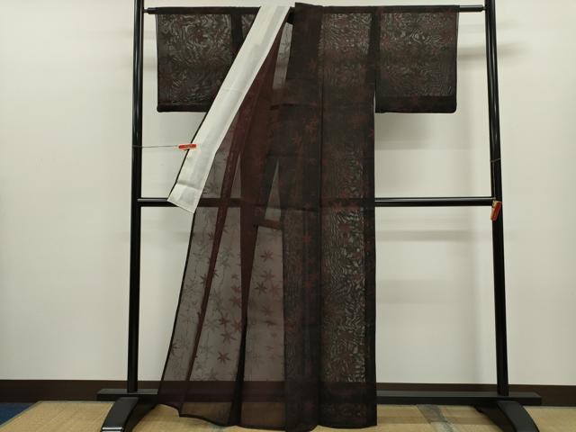 平和屋着物*夏物 小紋 紗 枝葉文 黒地 正絹 逸品 CABJ2538ze