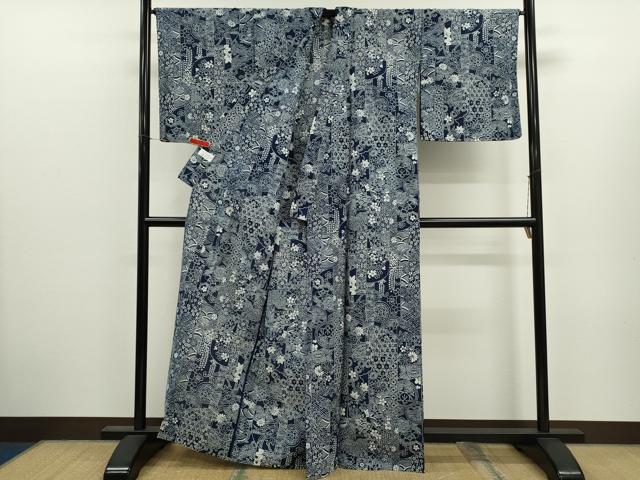 平和屋着物∴夏物 浴衣 綿絽 藍 吉祥花文 注染 手縫い 綿 逸品 CABJ2588ze