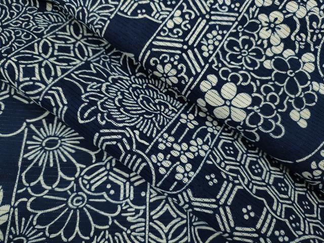 平和屋着物∴夏物 浴衣 綿絽 藍 吉祥花文 注染 手縫い 綿 逸品 CABJ2588ze