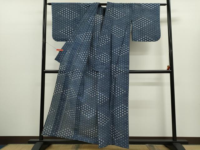 平和屋着物∴夏物 浴衣 綿絽 藍 注染 手縫い 麻の葉花文 逸品 CABJ2589ze