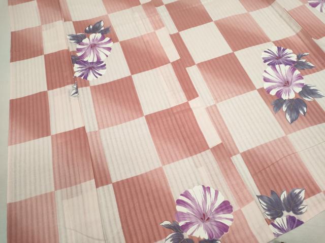 平和屋着物∴夏物 浴衣 市松草花文 金彩 綿 逸品 CABJ2631ze