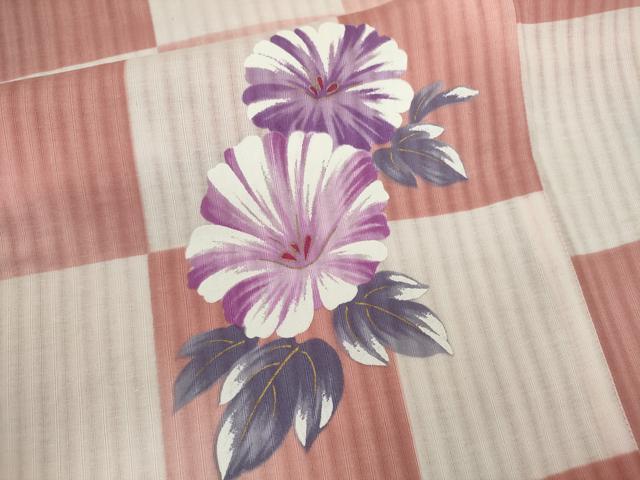 平和屋着物∴夏物 浴衣 市松草花文 金彩 綿 逸品 CABJ2631ze