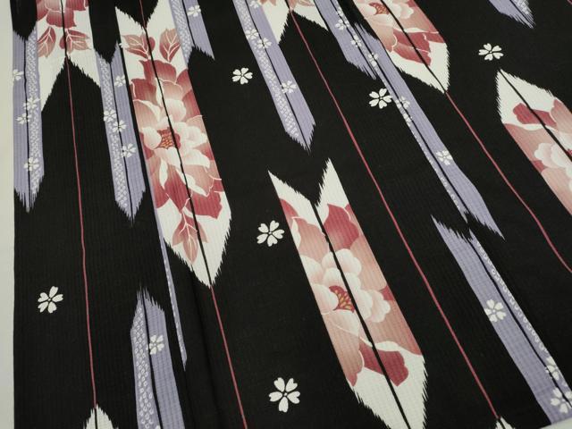 平和屋着物∴夏物 浴衣 矢羽根草花文 黒地 綿 逸品 CABJ2640ze