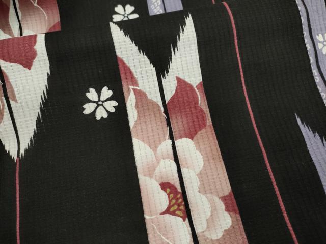 平和屋着物∴夏物 浴衣 矢羽根草花文 黒地 綿 逸品 CABJ2640ze