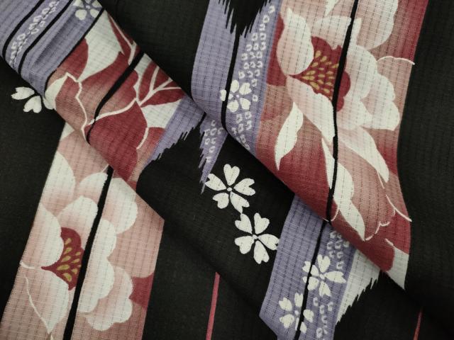 平和屋着物∴夏物 浴衣 矢羽根草花文 黒地 綿 逸品 CABJ2640ze