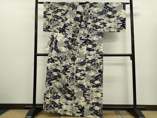 平和屋着物∴夏物 浴衣 注染 雲取り風景文 手縫い 綿 逸品 未使用 CABJ2748ze