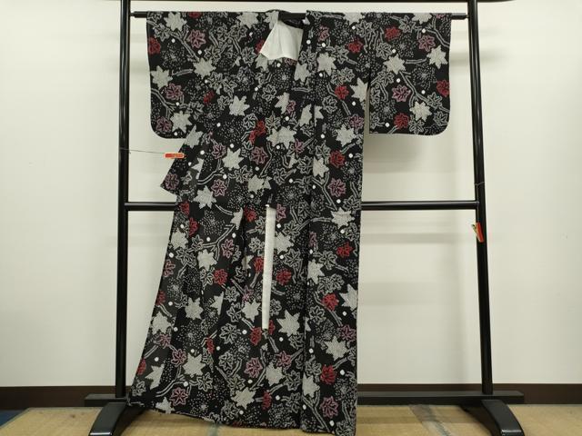 平和屋着物∴夏物 浴衣 有松鳴海絞り 枝楓文 黒地 綿 逸品 CABJ2759ze