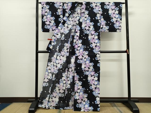 平和屋着物∴夏物 浴衣 撫子 黒地 綿 逸品 CABJ2776ze