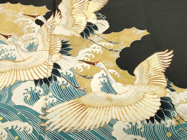 平和屋着物■豪華黒留袖 駒刺繍 立波飛鶴文 金銀彩 正絹 逸品 CABJ2855ev