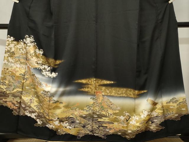 平和屋着物■豪華黒留袖 駒刺繍 文箱流水短冊草花文 暈し染め 金彩 正絹 逸品 CABJ2862ev
