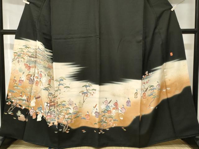 平和屋着物■豪華黒留袖 作家物 寿光織 御所車人物風景文 暈し染め 金糸 正絹 逸品 CABJ2863ev