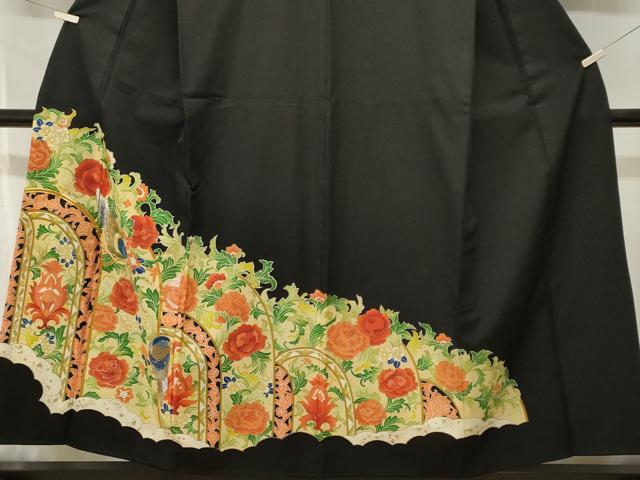 平和屋着物■豪華黒留袖 駒刺繍 更紗休み鳥草花文 金彩 洗える着物 CABJ2908ev