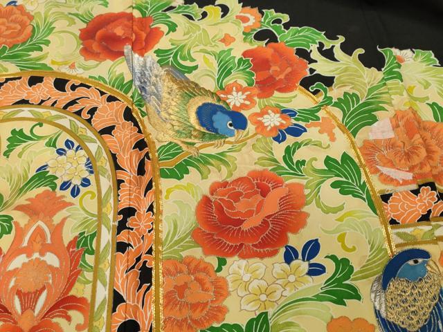 平和屋着物■豪華黒留袖 駒刺繍 更紗休み鳥草花文 金彩 洗える着物 CABJ2908ev