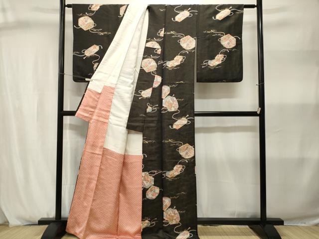 平和屋着物■上質な小紋 文箱花文 黒地 金通し地 正絹 逸品 CABJ2974ev