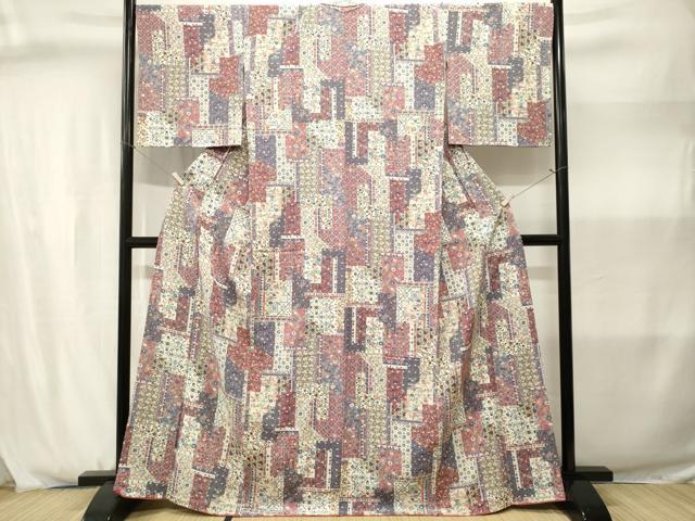 平和屋着物■上質な小紋 切嵌更紗草花文 正絹 逸品 CABJ2975ev