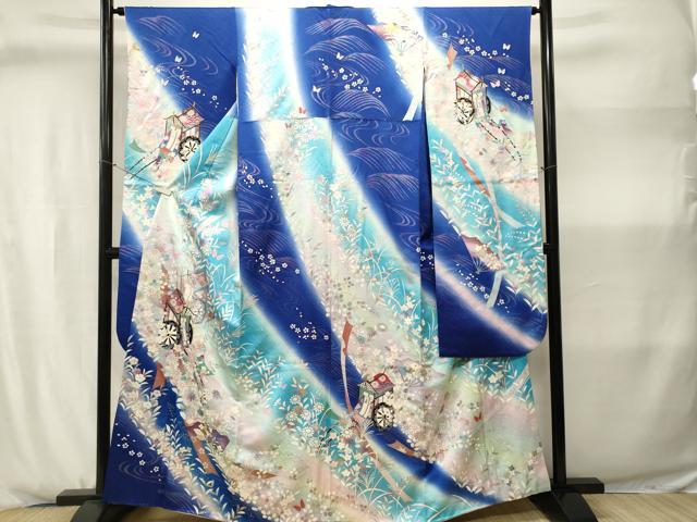 平和屋着物■豪華振袖 花蝶文 御所車扇面草花文 暈し染め 金銀彩 正絹 逸品 CABJ2981ev