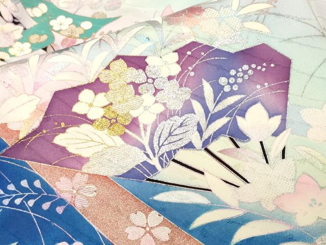 平和屋着物■豪華振袖 花蝶文 御所車扇面草花文 暈し染め 金銀彩 正絹 逸品 CABJ2981ev
