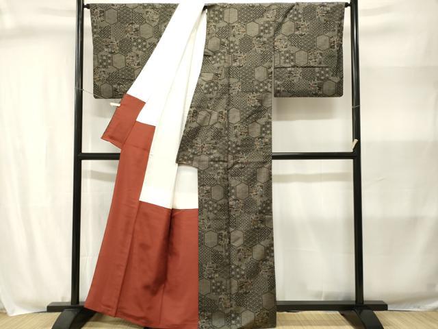 平和屋着物■上質な紬 亀甲繋ぎ風景文 正絹 逸品 CABJ3003ev