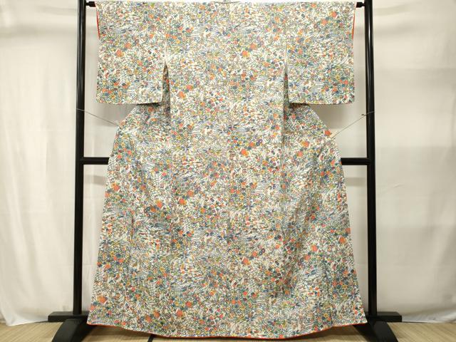 平和屋着物■上質な小紋 流水草花文 鬼しぼ縮緬 正絹 逸品 CABJ3015ev