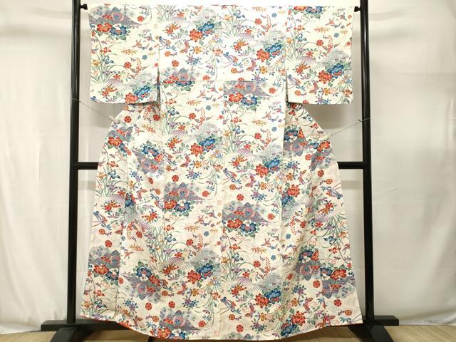 平和屋着物■上質な小紋 型染め 遠山鳳凰花鳥文 舞蝶文 鬼しぼ縮緬 正絹 逸品 CABJ3099ev