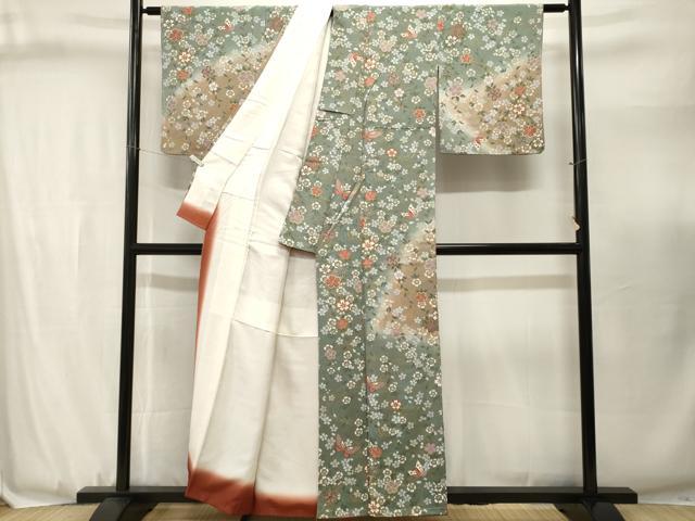 平和屋着物■訪問着 流水舞蝶桜文 暈し染め 金彩 鬼しぼ縮緬 正絹 逸品 CABJ3104ev
