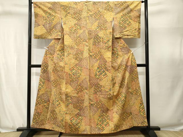 平和屋着物■上質な小紋 紬 切嵌吉祥花文 正絹 逸品 CABJ3108ev