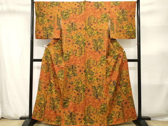 平和屋着物■上質な小紋 更紗破れ色紙草花文 正絹 逸品 CABJ3186ev