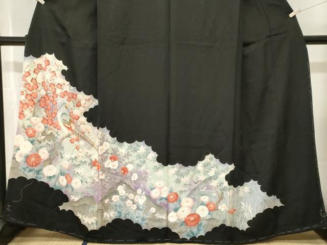 平和屋着物■豪華黒留袖 尾長鳥流水枝花文 暈し染め 正絹 逸品 CABJ3197ev